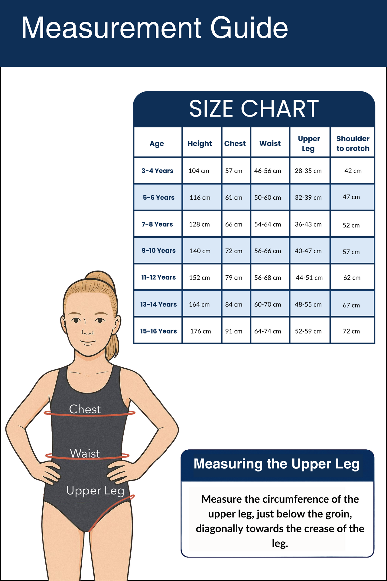 Kes-Vir girls’ swimwear size chart with body measurement guidance