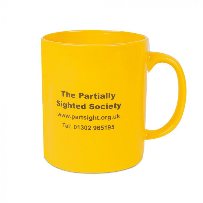 Bright yellow mug with the partially sighted society details text in centre 