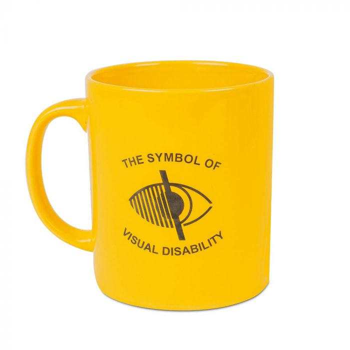Bright yellow mug with the symbol of visual disability logo and text in centre