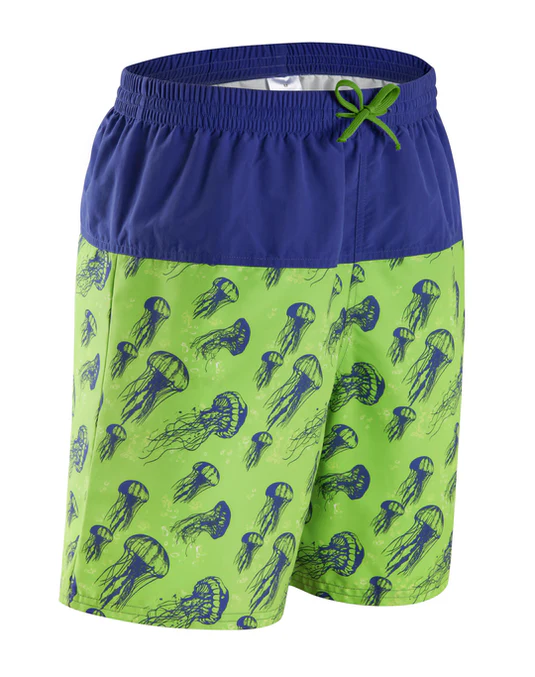 Kes-Vir boys' jellyfish board swim shorts in lime green and navy with a green drawstring