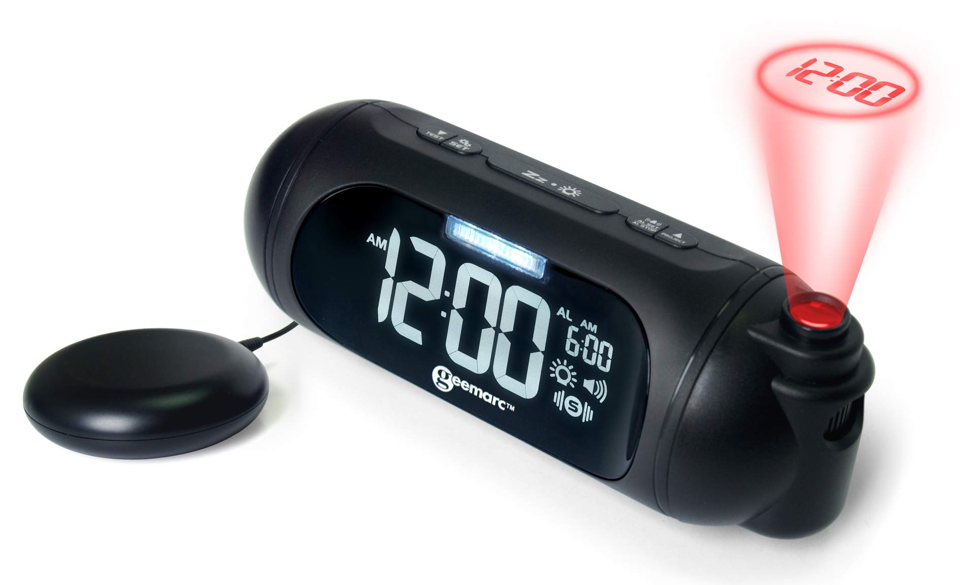 WAKE 'N' SHAKE Spot - 95dB Loud Alarm Clock with Bright Flashing Light, Bed Shaker and Projector - USB Charging Port - For the Hard to Wake, Hard of Hearing and Deaf - UK Version 1