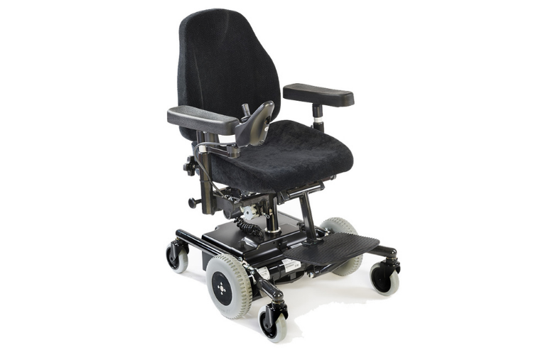 Black powered wheelchair with six wheels, centre wheel drive. 