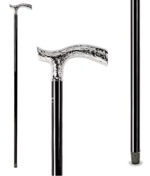 Wooden walking stick in black with a finely engraved, chromed