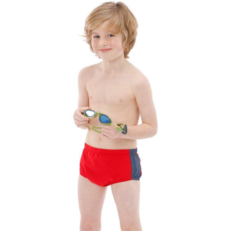 Kes-Vir™ Boys’ Incontinence Swim Trunks with Built-In Waterproof Brief – Red/Slate 1