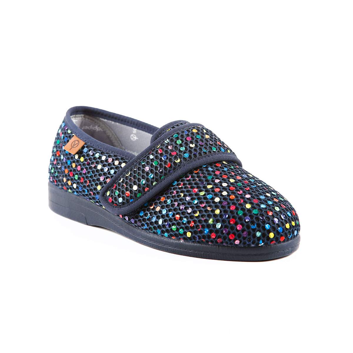 Navy with multi colour spots pattern Sophie slipper