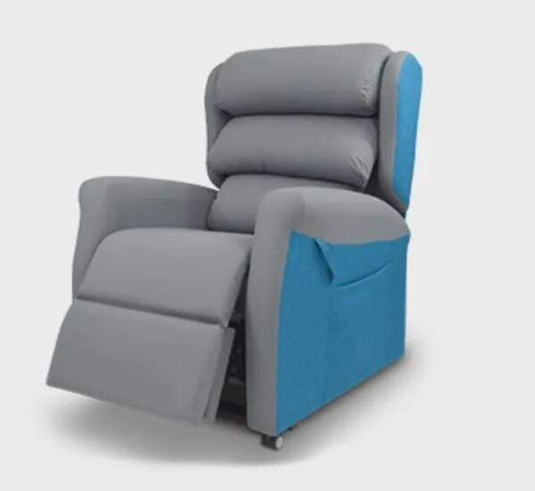 Concerto chair in grey and blue with leg lift extended