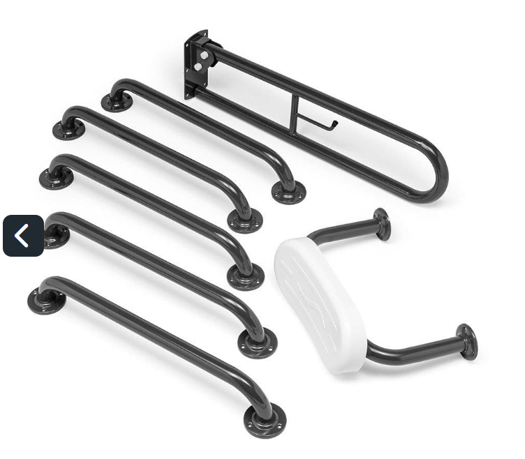 Black metal toilet rails, drop down rail and back rest toilet kit