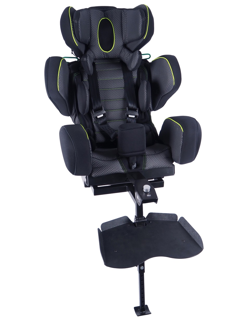 SIMON car seat in black with green trim with foot rest.
