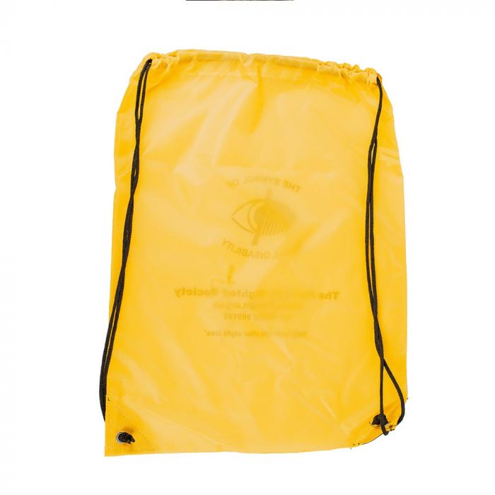 Yellow plastic rucksack with black drawstrings. Rear view.