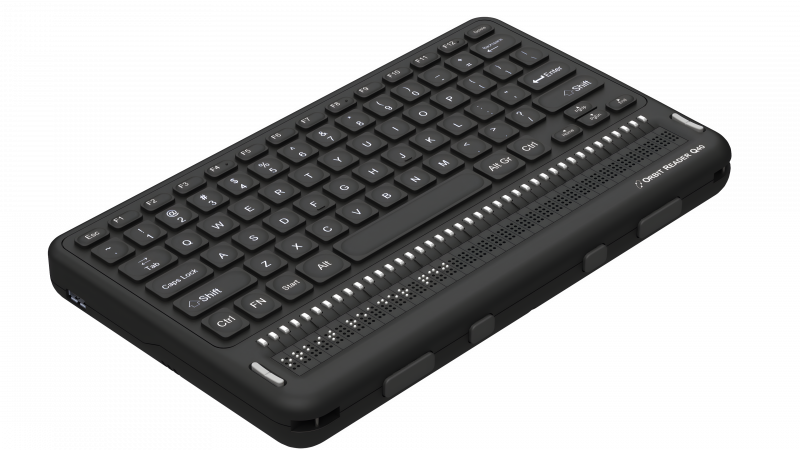Orbit Reader Q40 angled view with qwerty keyboard and braille display with cursor routing keys and thumb keys