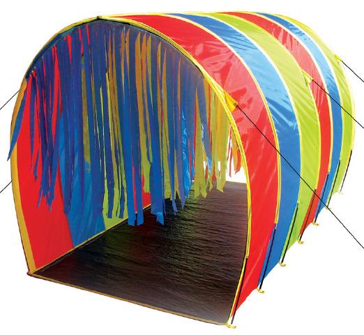 Giant tickle tunnel with dangling ribbons for children's play.  Wall panels and ribbons are in a variety of primary colours.