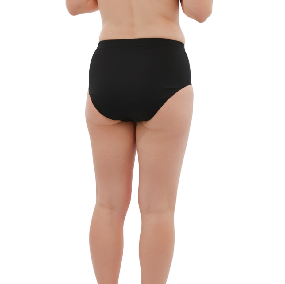 a womans torso showing the back of the period swimwear