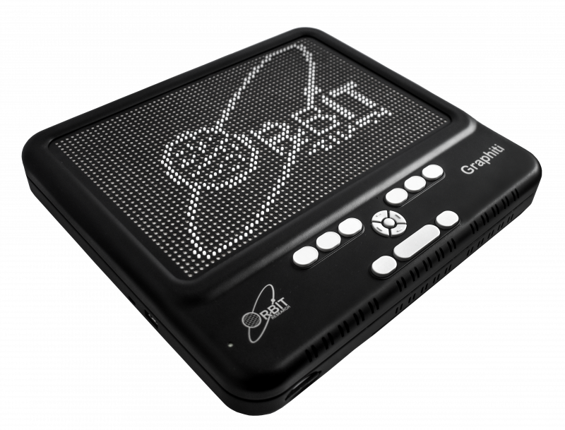 Graphiti angled view with Orbit symbol in braille on the display and braille keypad