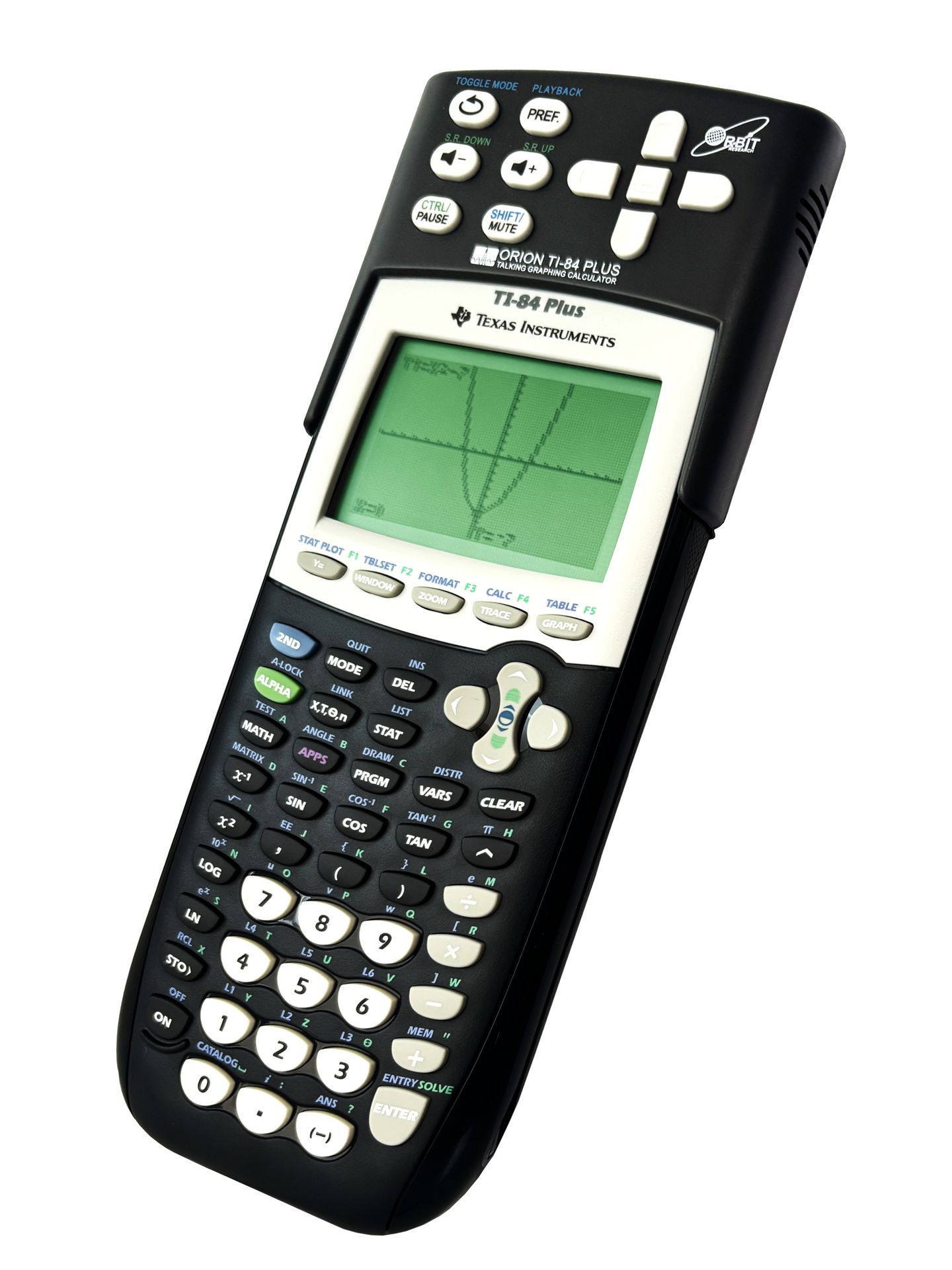 Orion TI-84 Plus front view with numeric keyboard and graphics in the display.