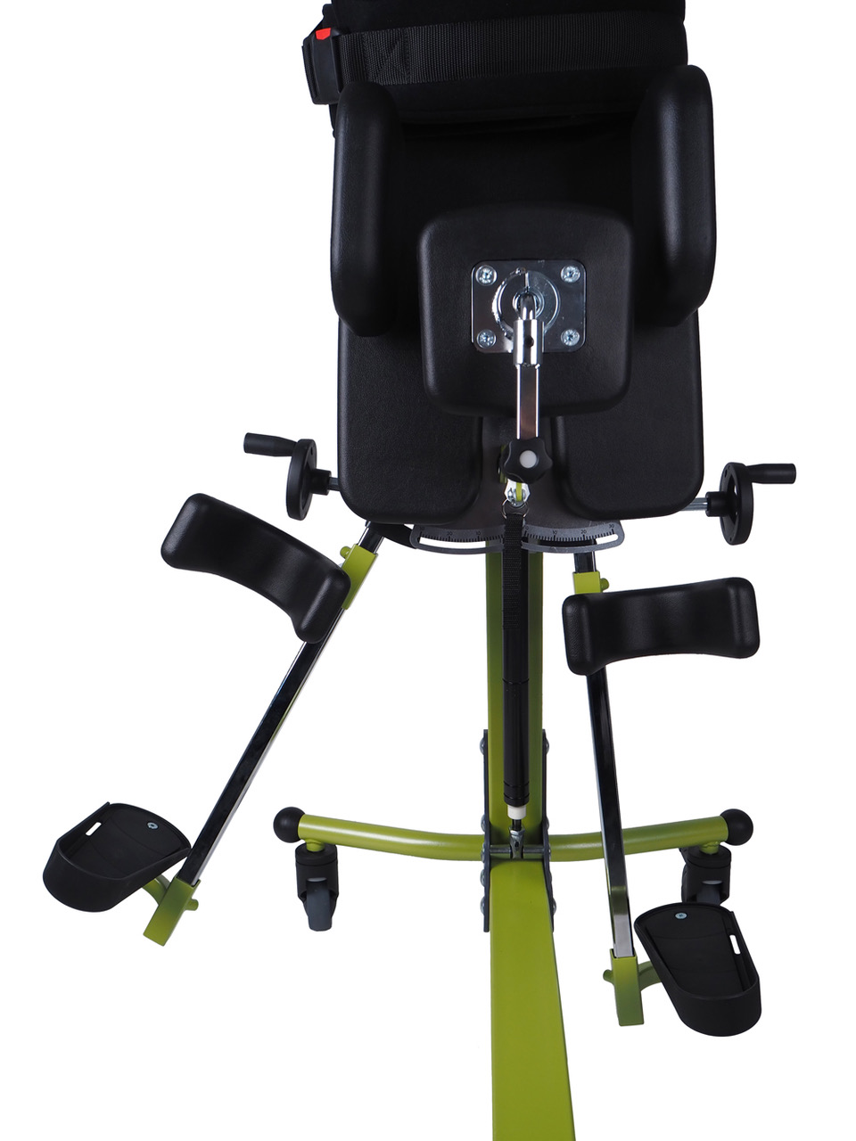 Green frame COCO stander with black cushioning in showing abduction stirrups.