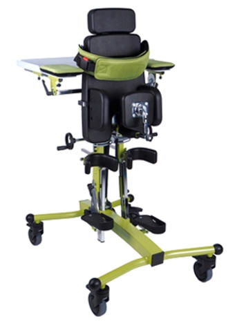 Green frame COCO stander with black cushioning in upright position. Front view.