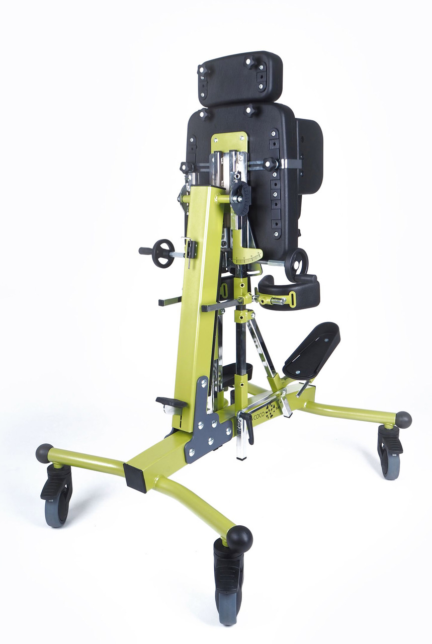 Green frame COCO stander with black cushioning in upright position. Back view.